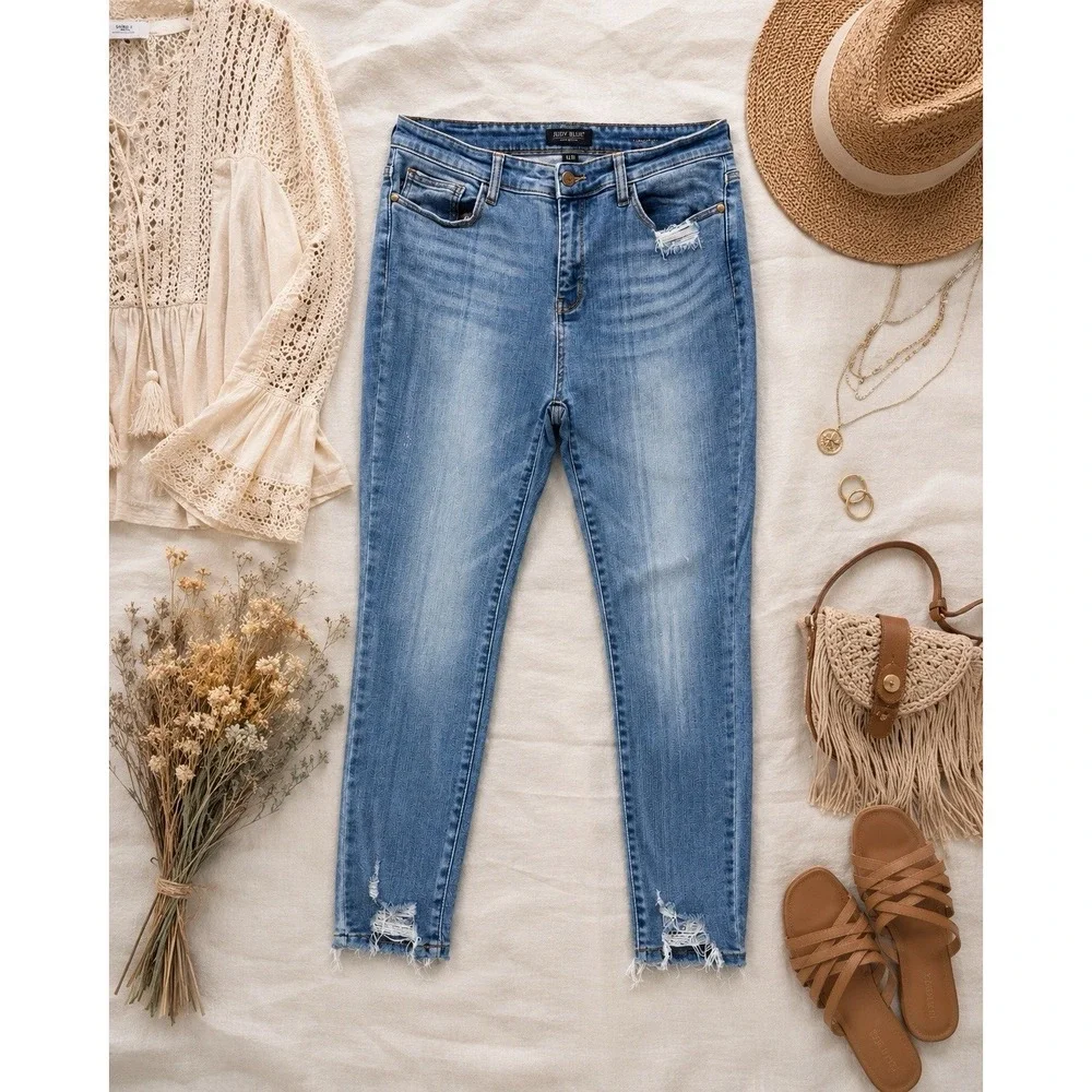 Judy Blue Jeans Womens 13/31 Light Wash Distressed Raw Hem Skinny Casual Stretch - Picture 5 of 12